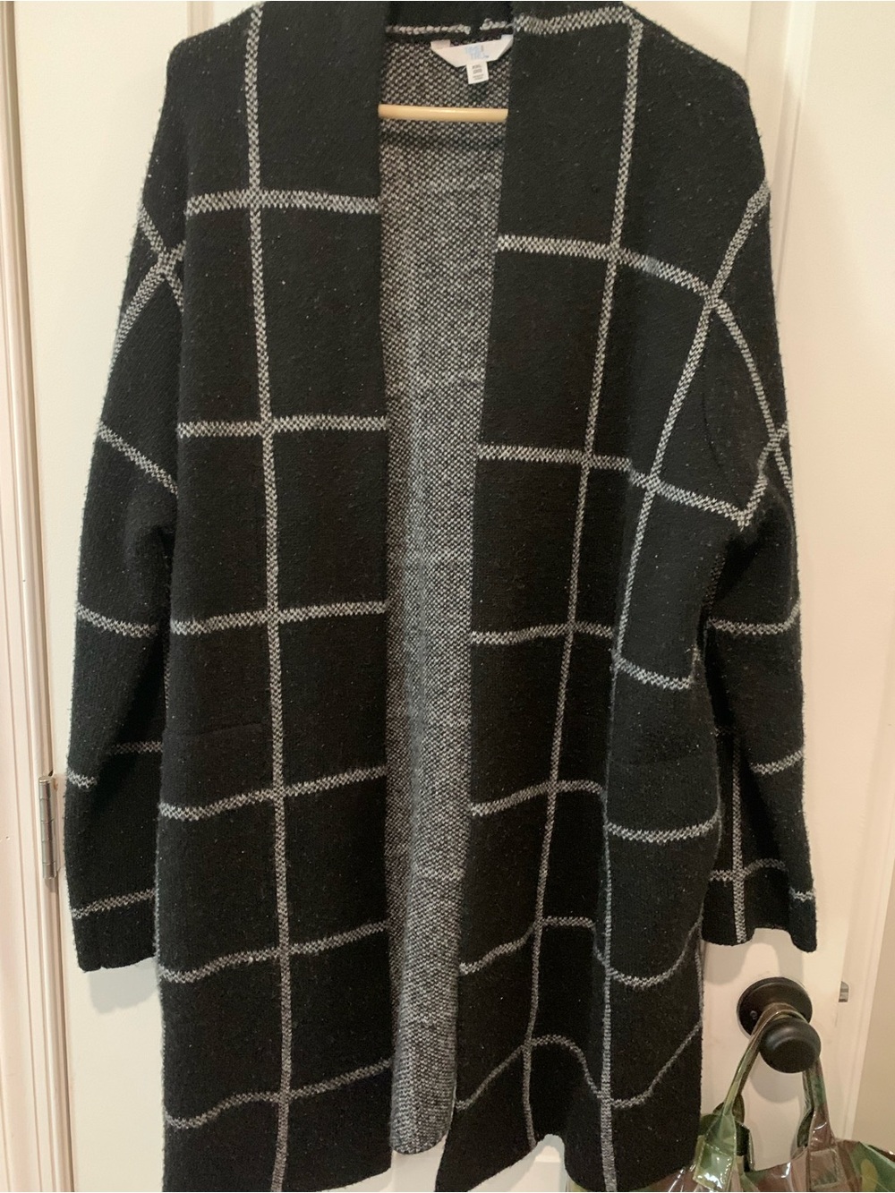 Black Windowpane Time&True Open-Front Women's Sweater Cardigan